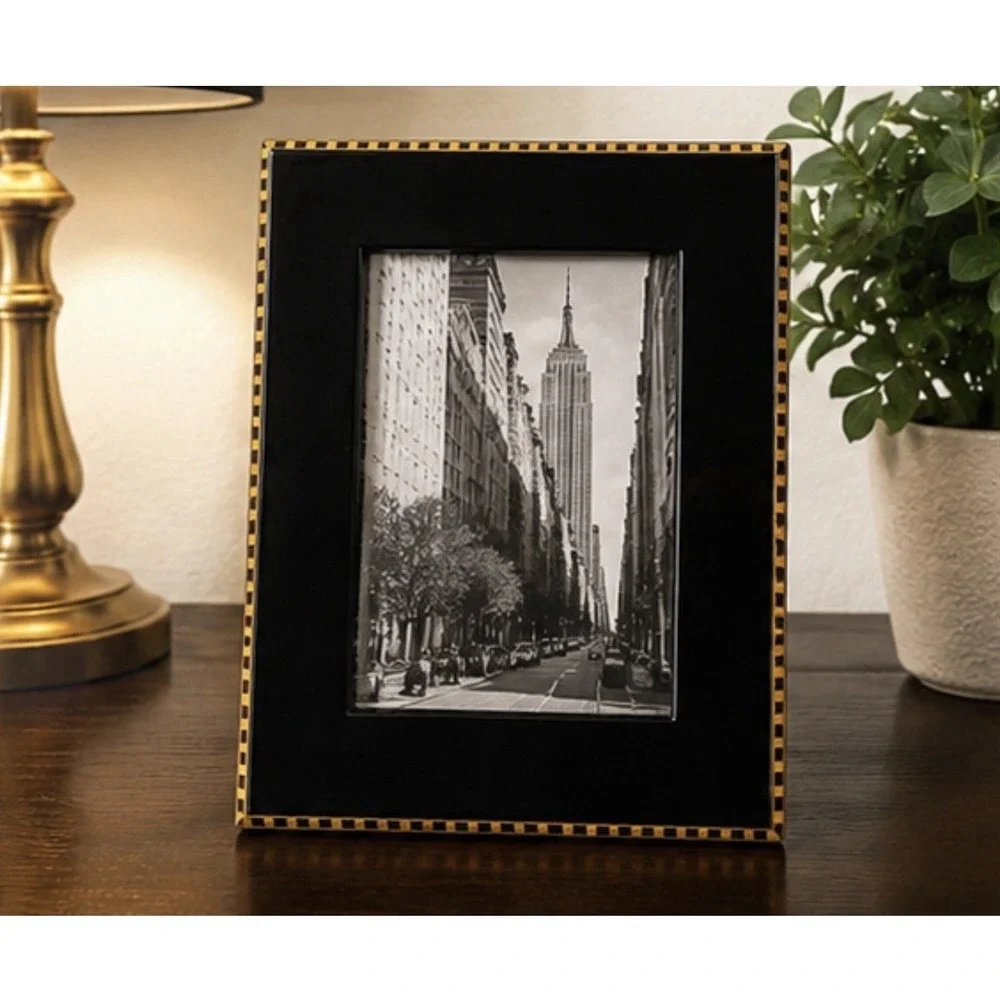 Black Lacquer 4x6 Picture Frame Gold Checkerboard Inlay Wood Easel Tabletop 8x10